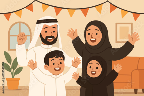 A happy Arab family of four, including mother, father, son, and daughter, joyfully waving in a decorated living room.