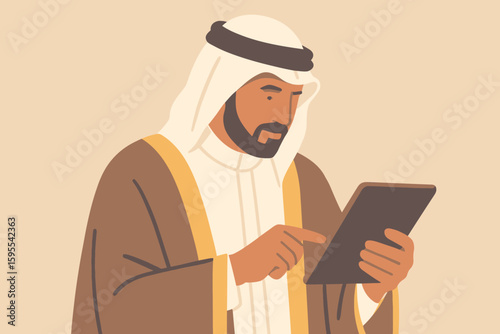 An illustration of a man in traditional Arab clothing using a tablet device, focused on the screen.