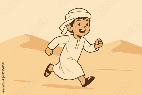 Cartoon illustration of a young boy in traditional Emirati clothing running joyfully across a sandy desert landscape with dunes in the background.