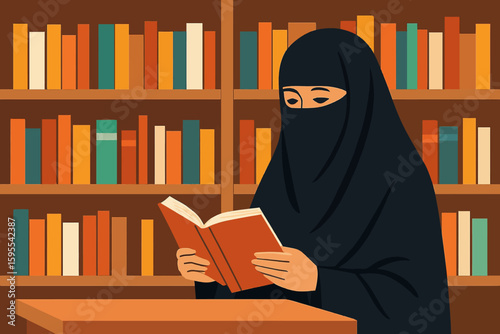 Woman in Niqab Reading in a Library