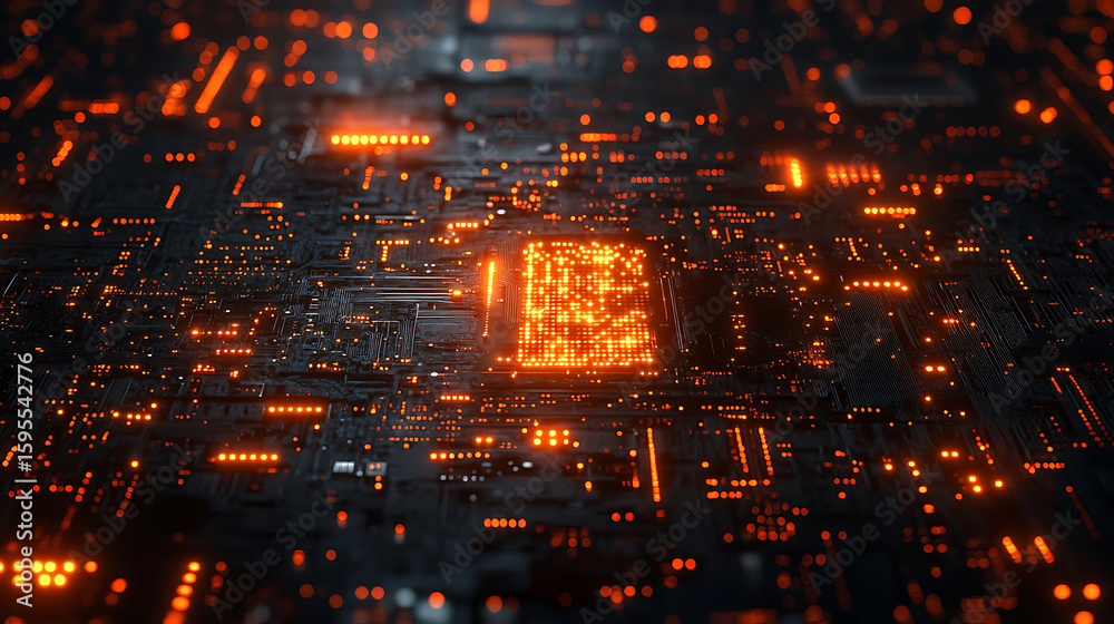 Fototapeta premium Glowing Orange Circuit Board - Abstract Technology Background
