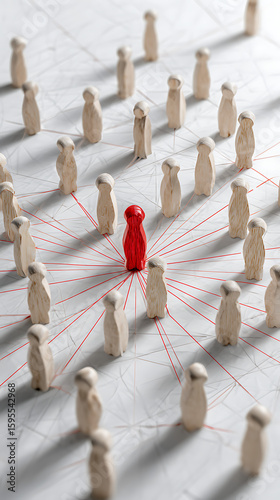 A single red peg person standing out in a crowd of wooden peg figures representing connection and social network.