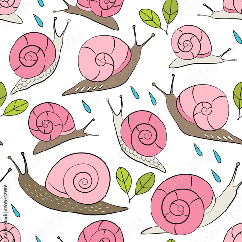 Seamless pattern with pink snails on white background. Cute snail. Kids texture in cartoon style. Vector illustration for summer greetings, wallpaper, textile, apparel, wrapping paper, baby fabric.