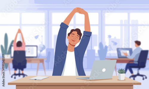 Illustration of a man stretching at his desk in an office, with other colleagues working in the background.