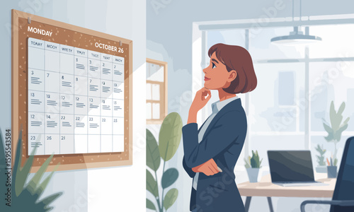 A woman in a suit gazes thoughtfully at a calendar on the wall in an office setting, appearing to be planning or contemplating her schedule.