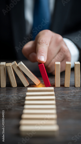 Businessman's finger preventing domino effect representing risk management and business control strategy