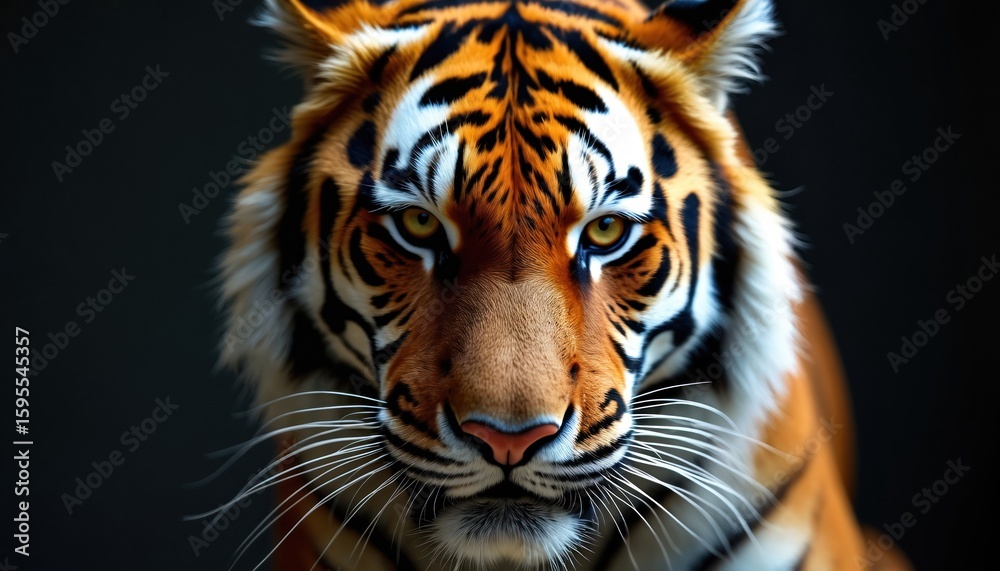 Close-up portrait of majestic tiger face, intense gaze, striking stripes. Powerful predator embodies wild beauty, strength. Focus on feline features, natural conservation, animal instinct. Close-up portrait of majestic tiger face, intense gaze, striking stripes. Powerful predator embodies wild beauty, strength. Focus on feline features, natural conservation, animal instinct.