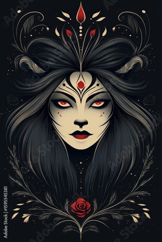 dark enchantress with symmetrical hairstyle and red rose detail in fantasy folklore art