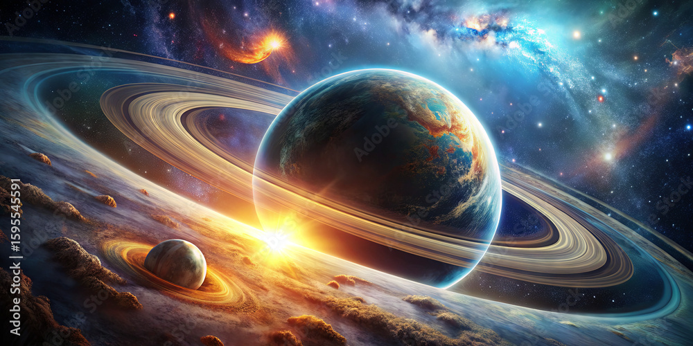 Obraz premium In a stunning depiction of the cosmos, vibrant planets with intricate rings shine brightly as a radiant sun rises, illuminating the galactic backdrop filled with stars and nebulae