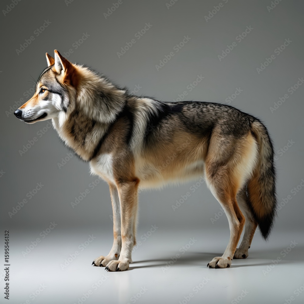 Obraz premium Side view of majestic gray wolf standing alert. Wild animal exhibits detailed fur, focused gaze against clean white background. Full body display highlights natural beauty, predatory, perfect for