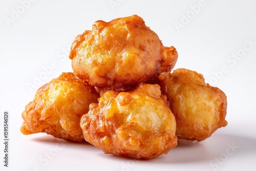 Delicious cassava fritters presented on a clean white background, showcasing their golden-brown texture and crispy exterior, inviting a delightful tasting experience