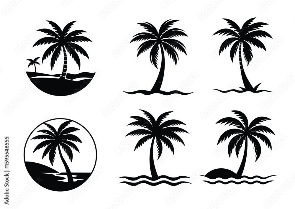 Fototapeta premium Beach with Palm Tree Silhouette Vector Set