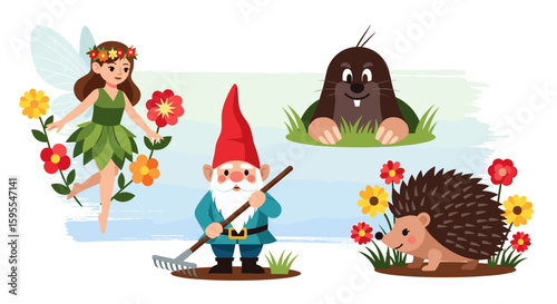 Illustration of a garden with a fairy, gnome, mole, and hedgehog among flowers