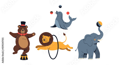 Illustration of circus animals performing tricks including a bear lion seal elephant