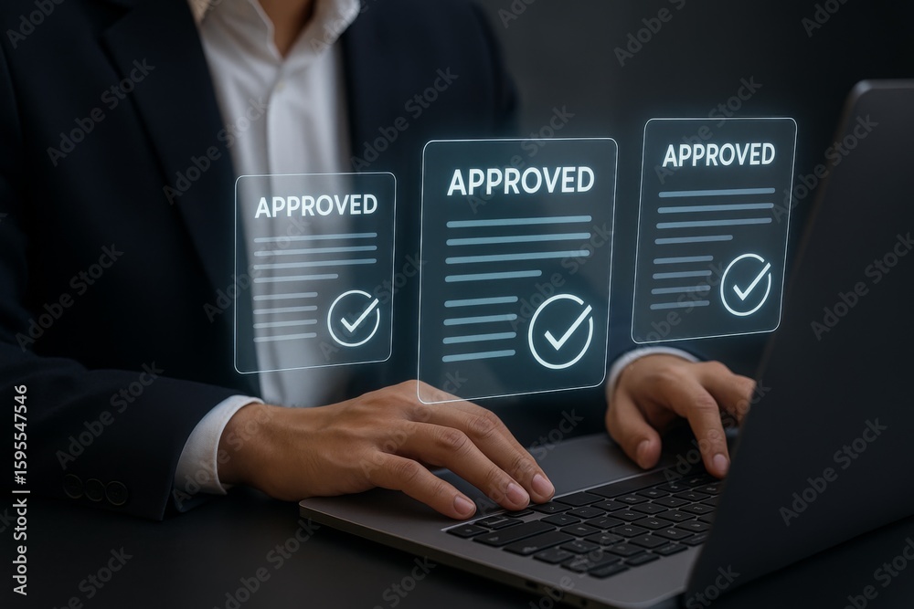 Businessman reviewing and approving documents with holographic display on laptop Businessman reviewing and approving documents with holographic display on laptop
