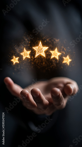 Hand holding five illuminated golden stars representing quality service positive feedback and customer satisfaction