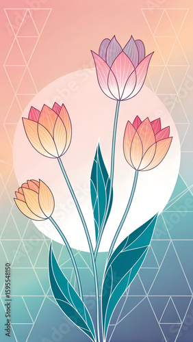 Colorful tulips with geometric patterns in pastel background  