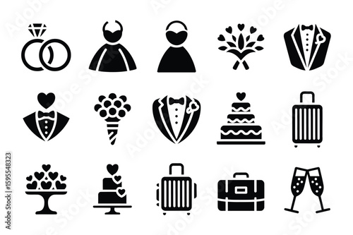 Collection of wedding related icons including rings cake bouquet and luggage in black and white