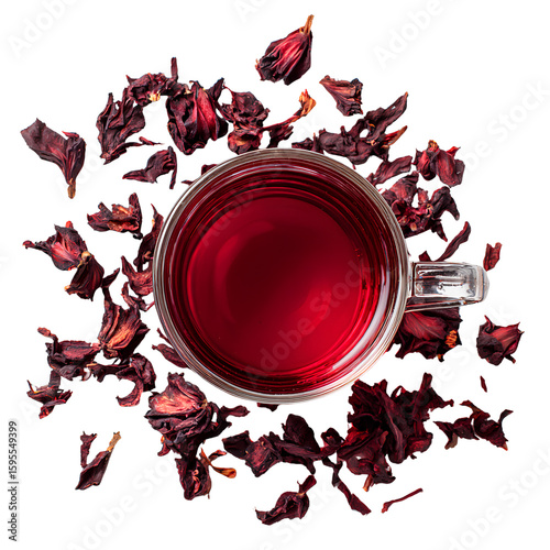 Top view of a glass cup filled with red hibiscus tea surrounded by dried hibiscus flowers isolated on transparent background