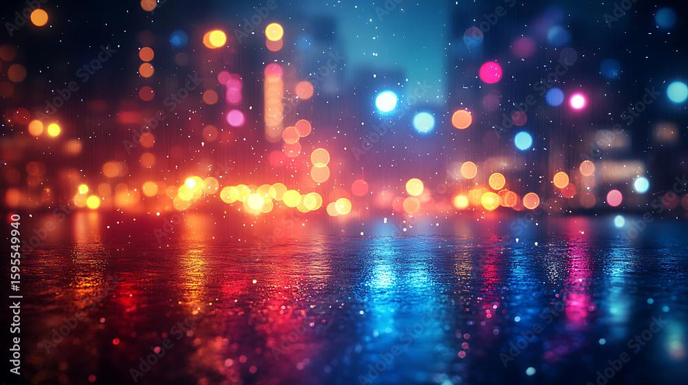 Obraz premium Rainy Night Cityscape Vibrant Reflections and Bokeh Lights