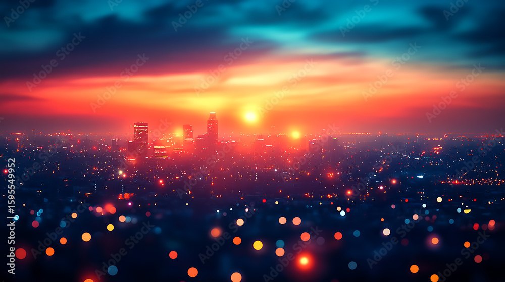 Naklejka premium Vibrant Sunset Over City Skyline, Urban Landscape at Dusk