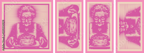 Stylized Pink Line Art of Elder Woman with Glasses Holding Cake - Celebration & Baking Illustration