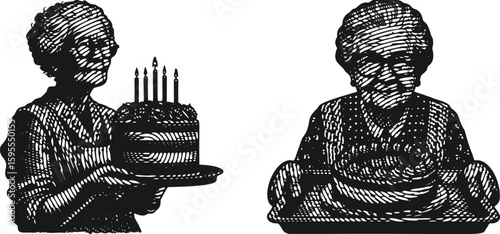  Monochrome Lined Engraving Vector of Grandma with Glasses Holding Cake on Tray, Vintage Style Illustration, Halftone Stamp Decor for Retro Bakery, Poster, or Culinary Themed Canvas Design