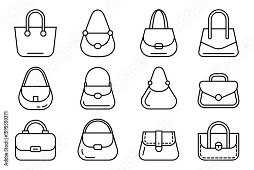 Various handbag designs presented in a neat grid pattern with simple black outline illustrations