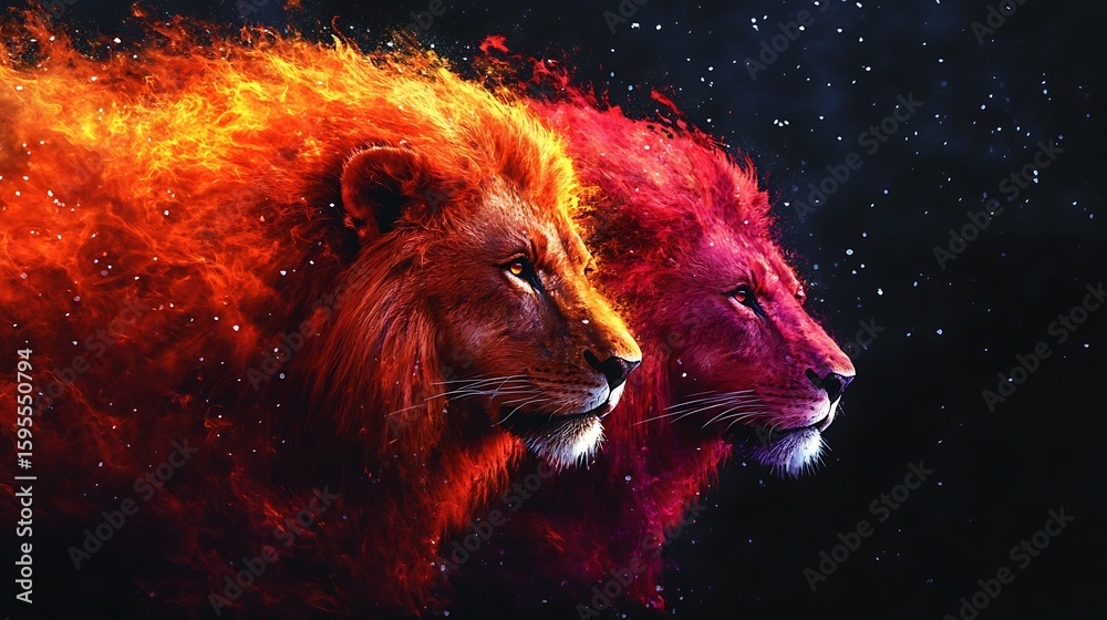 Naklejka premium Two lions in fiery display against a dark background.