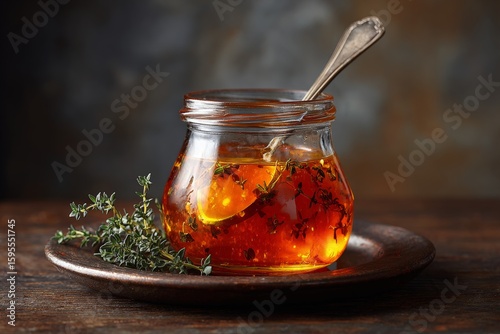 Honey infused with thyme displayed in a rustic jar on a wooden table during soft afternoon light