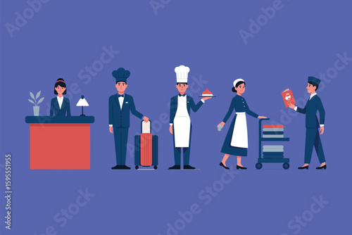 Hotel staff members in various roles including reception chef porter and housekeeper on blue background