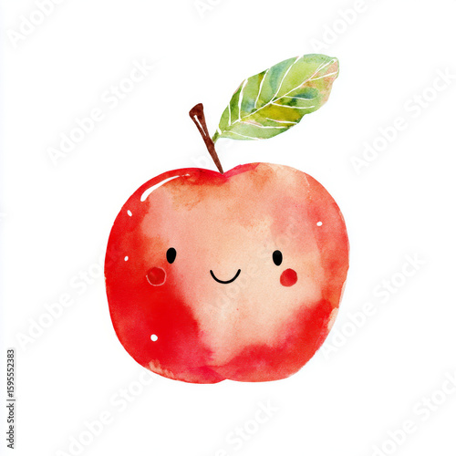 Cute watercolor apple illustration with smiling face for design and decor