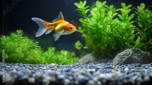 Goldfish swimming in a planted aquarium.