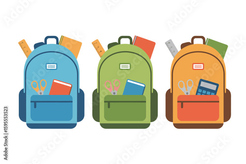 Illustration of three colorful backpacks filled with school supplies on a white background