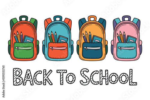 Four colorful backpacks with pencils and notebooks for back to school season illustration art
