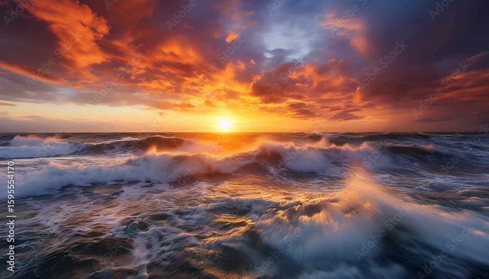 a vibrant sunset over turbulent ocean waves with dramatic clouds illuminated by warm colors a vibrant sunset over turbulent ocean waves with dramatic clouds illuminated by warm colors