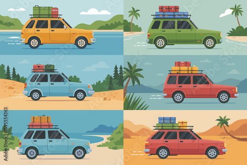 Six colorful cars with luggage on top driving through different landscapes in a cartoon illustration