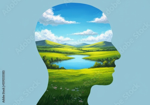 Mind Landscape: Human Head Silhouette with Lush Green Hills, Serene Lake, and Blue Sky. Mental Health & Wellbeing Concept