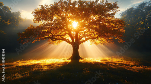 Majestic Oak Tree Silhouetted Against Sunrise, Golden Hour Rays of Light