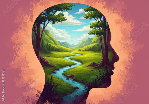 Human Head Silhouette with Inner Nature Landscape. Mindful Living, Mental Health, Peace & Serenity Concept. Digital Illustration.