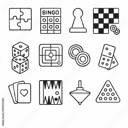 Vector illustration of 12 unique minimalist board games line art icons in a 3×4 grid for game night branding, entertainment blog graphics, tabletop game packaging, hobby store marketing, and party app
