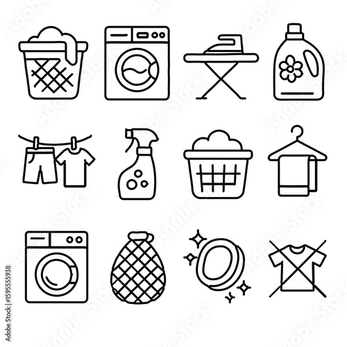 Vector illustration of 12 unique minimalist laundry day line art icons in a 3×4 grid for cleaning brand marketing, laundromat signage, home organization blogs, laundry service apps, and household prod