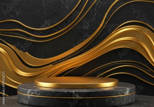 Elegant Black Marble Podium with Golden Waves Background for Product Display. Luxury 3D Render Mockup Stage for Cosmetics, Jewelry, or Exclusive Items.