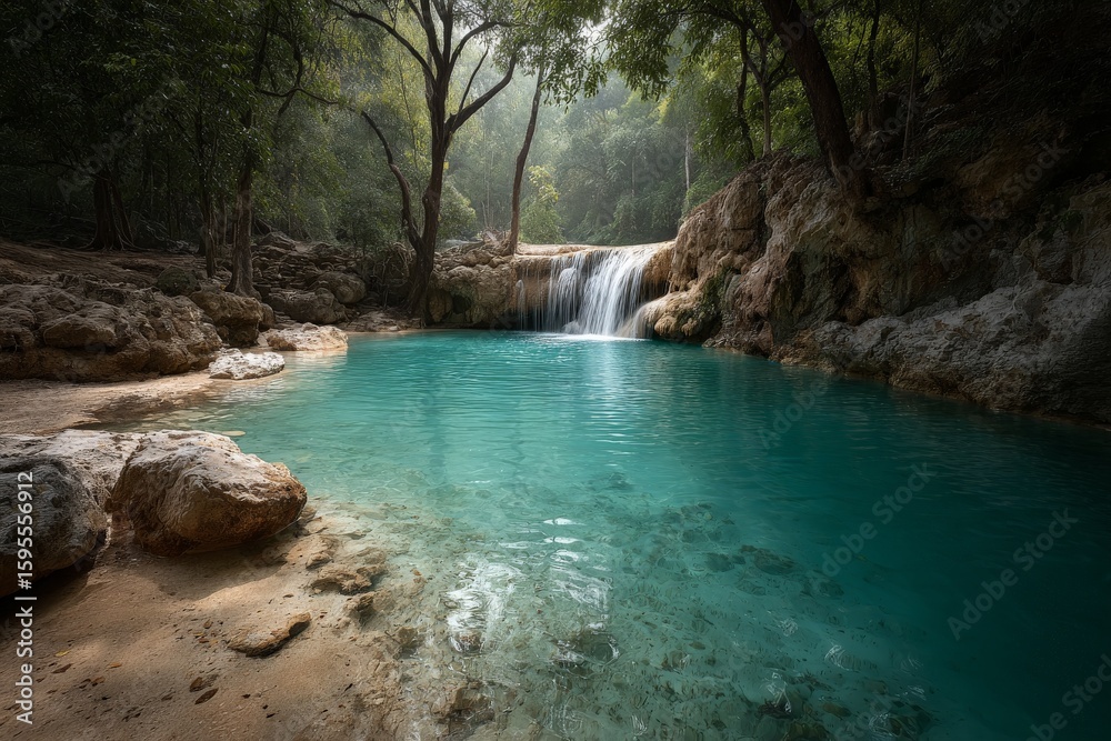 Naklejka premium Serene turquoise water pool with cascading waterfall in a lush green forest at early morning light