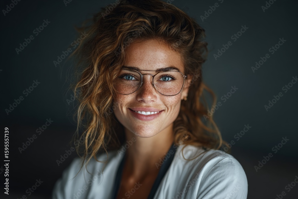 Fototapeta premium Young woman with curly hair and glasses smiling warmly in a cozy indoor setting during daylight hours