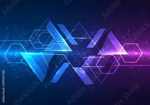 Abstract Technology Background with Geometric Shapes & Network. Digital Data, AI, Big Data & Futuristic Concept in Blue and Purple