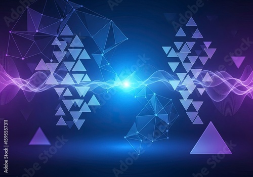 Abstract Futuristic Technology Background with Glowing Digital Wave, Plexus Network, and Geometric Triangles