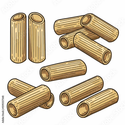 Rigatoni pasta – short tube-shaped Italian pasta in stacked vector layout

