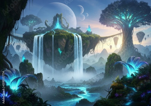 Bioluminescent Fantasy World: Floating Islands, Cascading Waterfalls, Luminous Trees, & Alien Sky