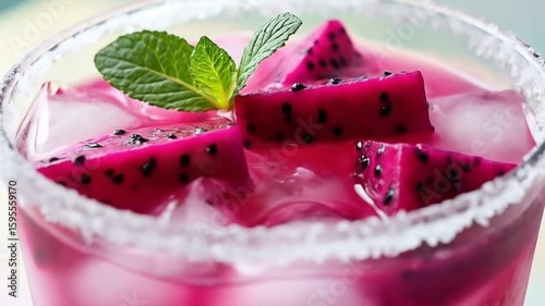 Iced dragon fruit drink with mint and sugar rim in glass on pastel background